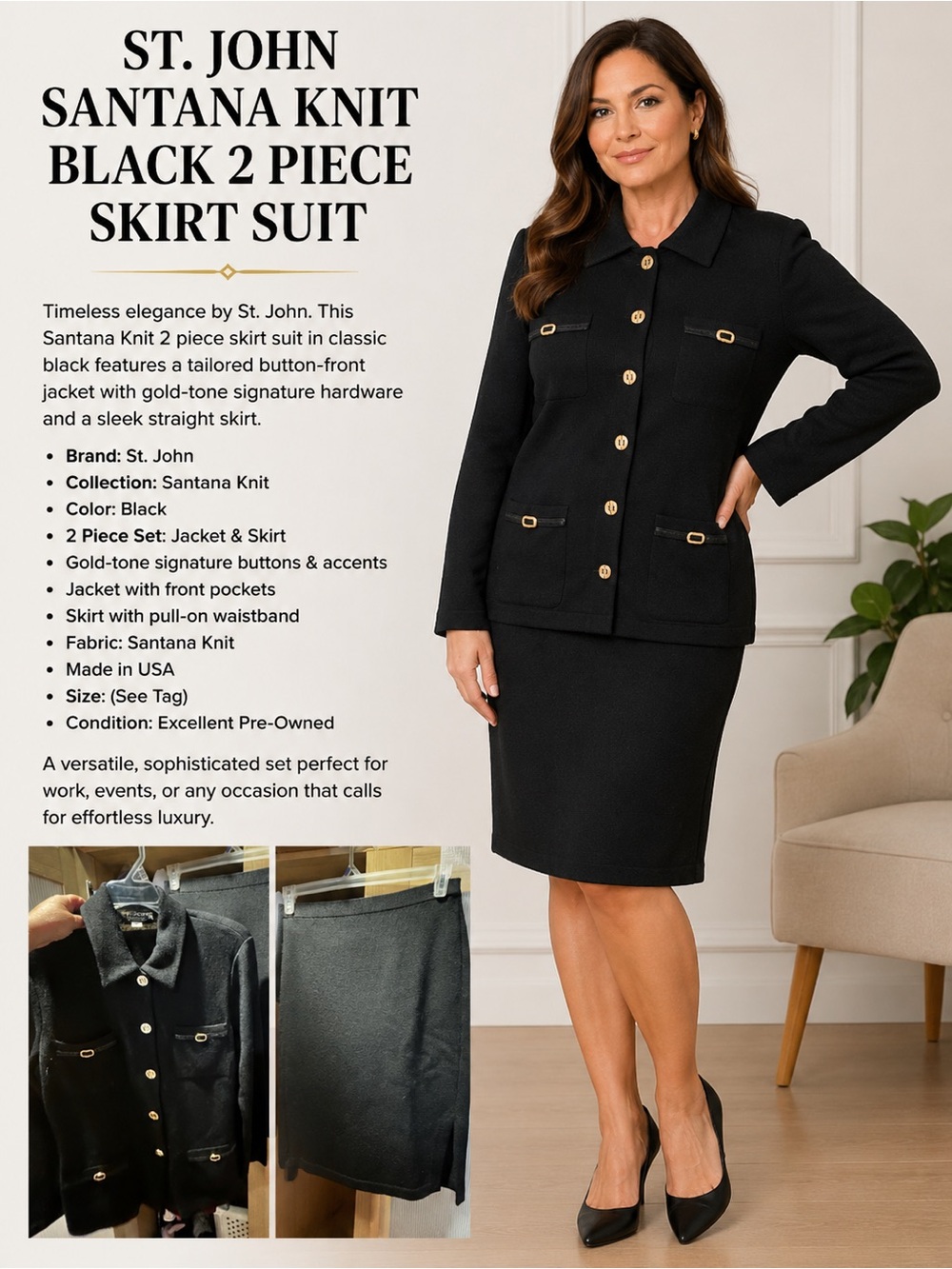 St. John Black Santana Knit Black 2 Piece Skirt Jacket Suit Size 8